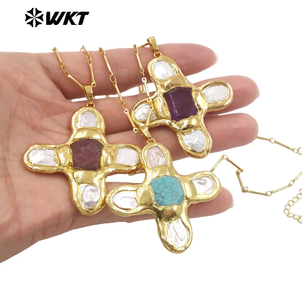 WT-JN169 WKT Special Cross Shaped Necklace Natural Freshwater Pearl Mix And Match Turquoises Pendant women Jewelry Birthday Gift