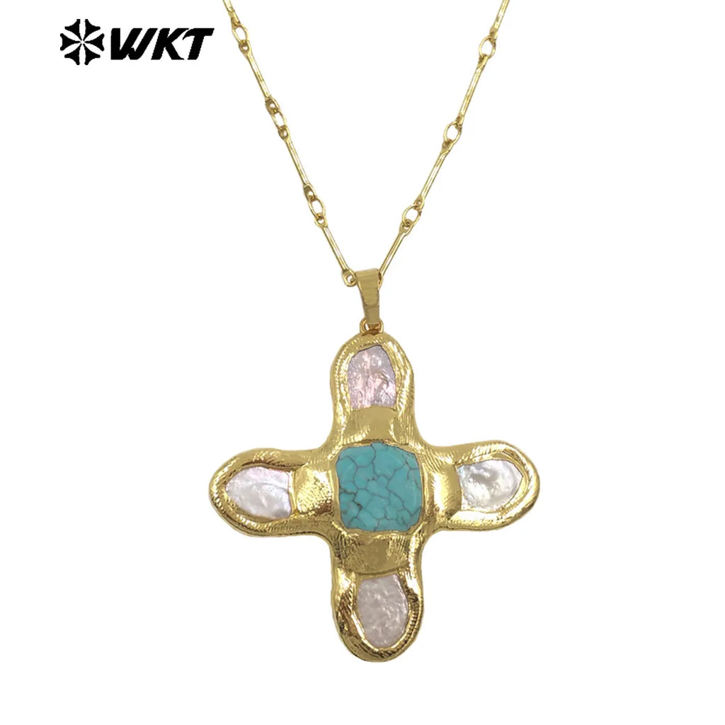 WT-JN169 WKT Special Cross Shaped Necklace Natural Freshwater Pearl Mix And Match Turquoises Pendant women Jewelry Birthday Gift