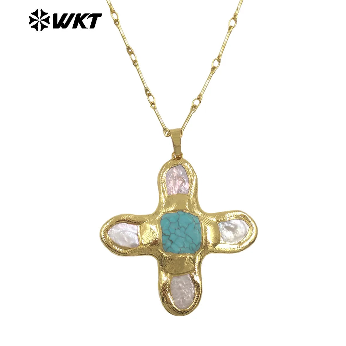 WT-JN169 WKT Special Cross Shaped Necklace Natural Freshwater Pearl Mix And Match Turquoises Pendant women Jewelry Birthday Gift