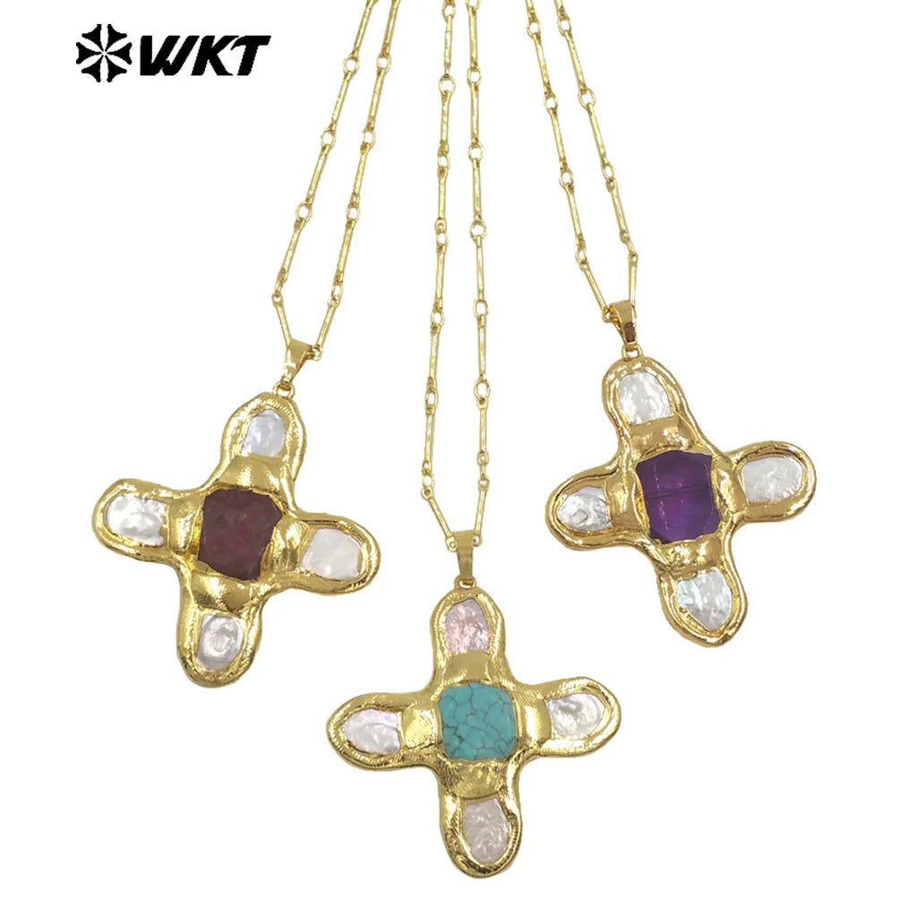 WT-JN169 WKT Special Cross Shaped Necklace Natural Freshwater Pearl Mix And Match Turquoises Pendant women Jewelry Birthday Gift